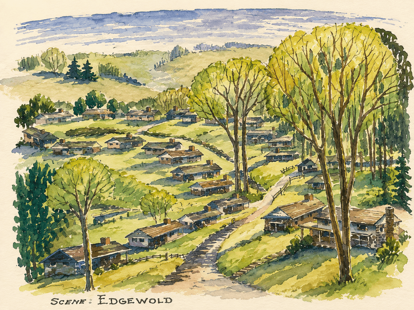 Watercolor view of the Edgewold neighborhood